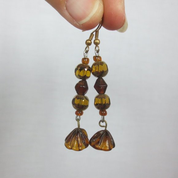 New Brown & Amber Glass Floral Dangle Earrings - Picture 1 of 6